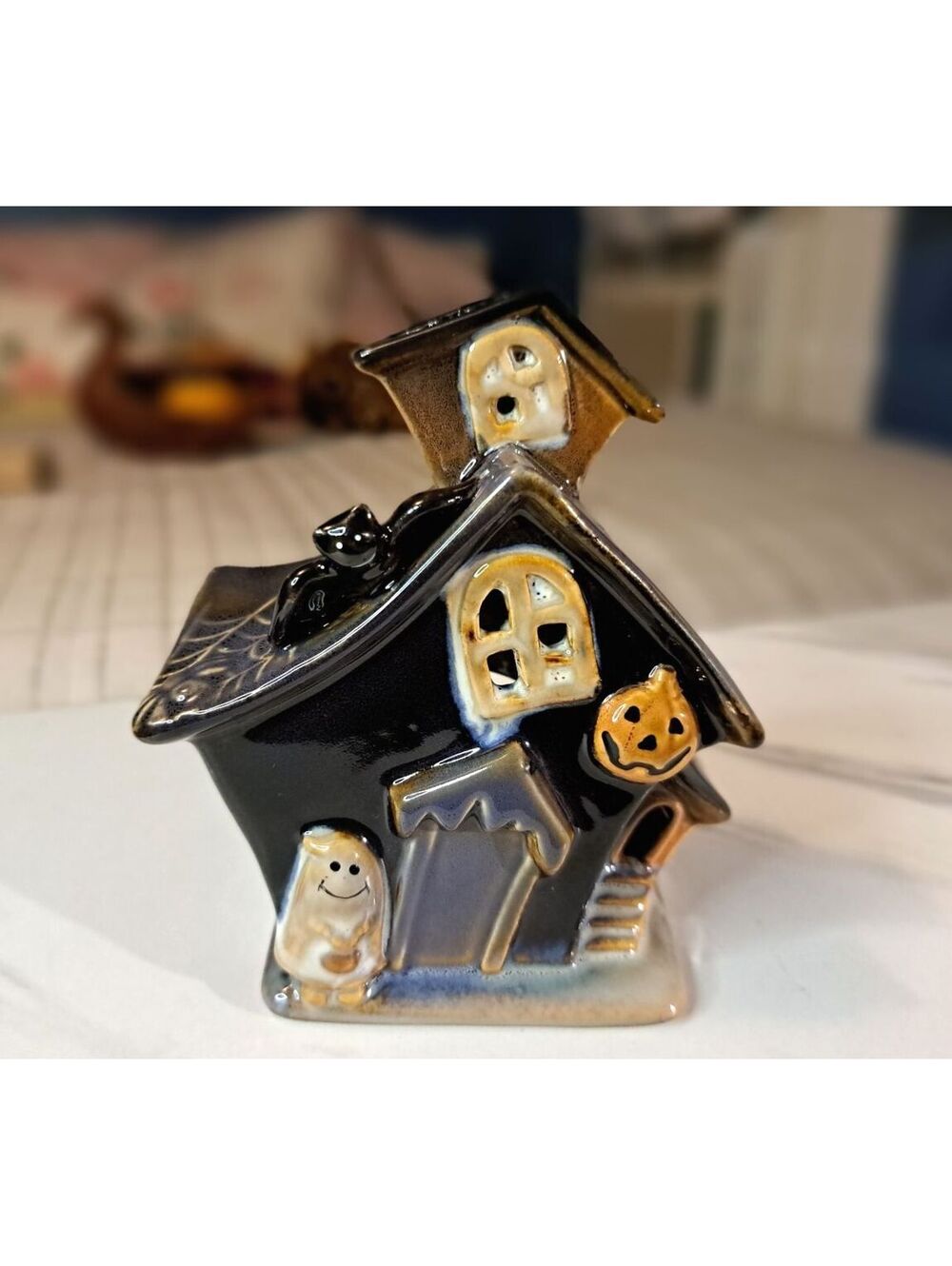 Vtg Halloween Ceramic Mini Haunted House Pumpkins & Ghosts Candle Luminary